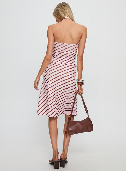 back view of model wearing Princess Polly Esmeray Midi Skirt Pink Stripe 