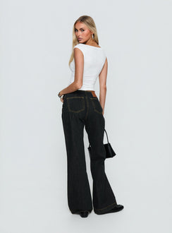 back view of model wearing Princess Polly Slow Ride Mid Rise Bootleg Belted Jeans Grunge Wash Mid Rise Jeans 