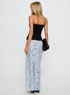 back view of model wearing Princess Polly Carman Lace Midi Skirt Blue Maxi Skirts Skirts 