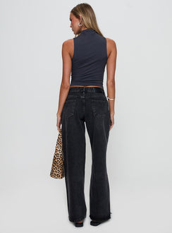 back view of model wearing Princess Polly Serenitia Mid Rise Relaxed Jeans Washed Black Petite Mid Rise 