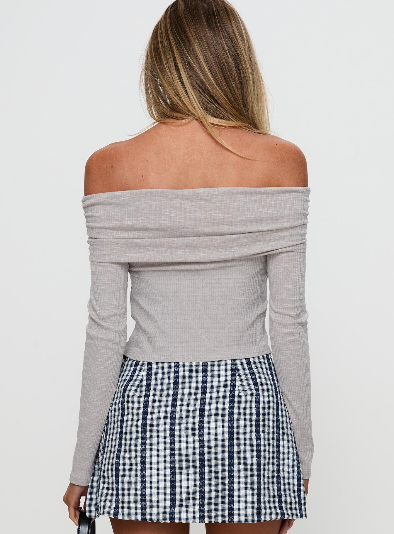 back view of model wearing Princess Polly Victorea Long Sleeve Top Grey Full Sleeves straight 