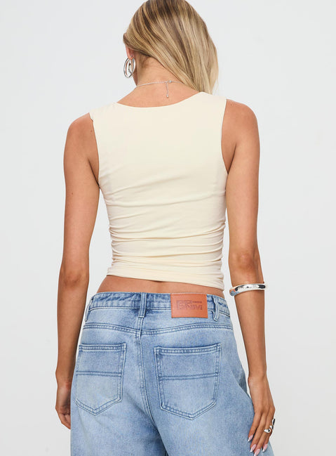 back view of model wearing Princess Polly Back In Time Top Cream/Blue Sleeveless Scoop Neck 