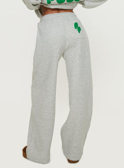 back view of model wearing Princess Polly Princess Polly Wide Leg Track Pant Bubble Text Grey Marle / Green Pants 