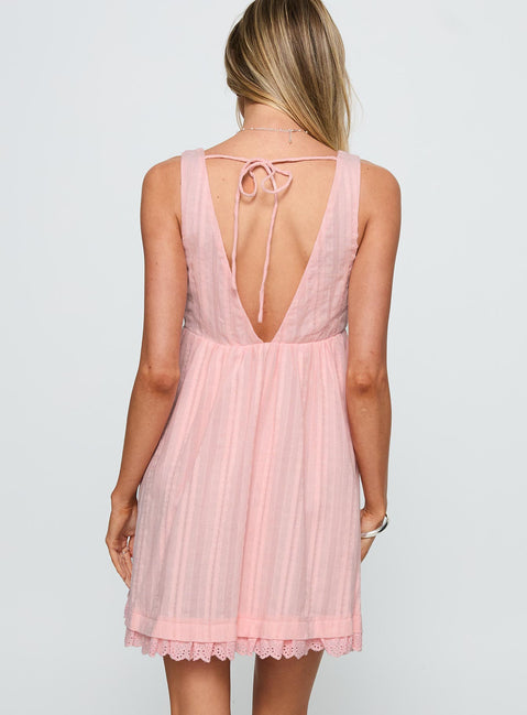 back view of model wearing Princess Polly Nelty Mini Dress Pink Plunger 