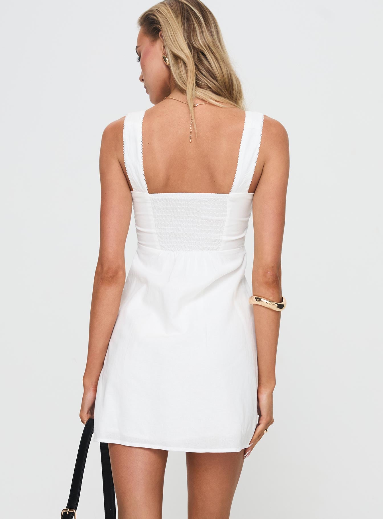 back view of model wearing Princess Polly Weavery Mini Dress White Square Neck 