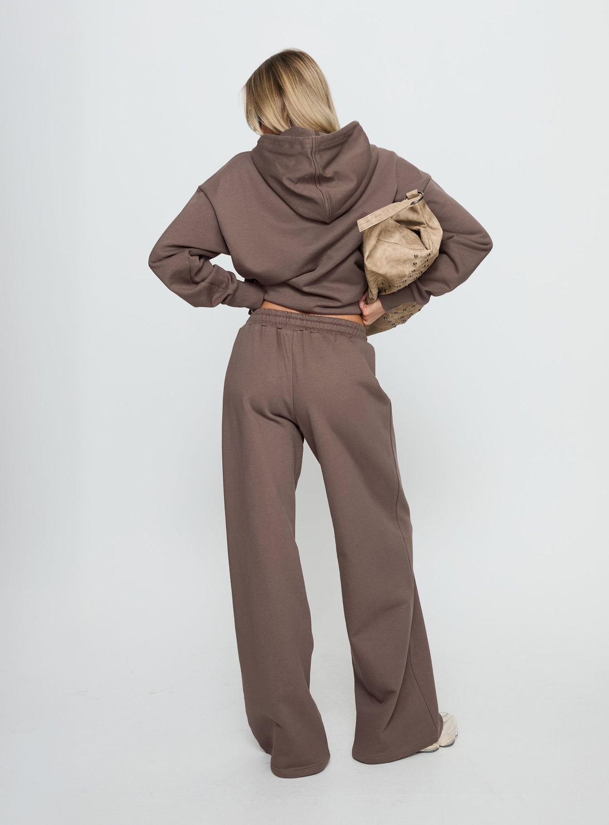 back view of model wearing Princess Polly All Day Straight Leg Sweatpants Mocha Mid Rise Pants 