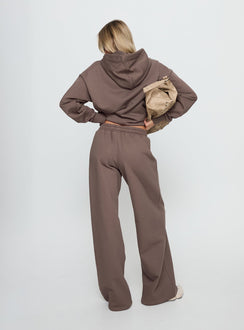 back view of model wearing Princess Polly All Day Straight Leg Sweatpants Mocha Mid Rise Pants 