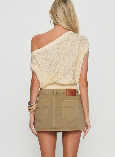back view of model wearing Princess Polly Katlynne Button Detail Mini Skirt Washed Beige Mini Skirts Skirts 