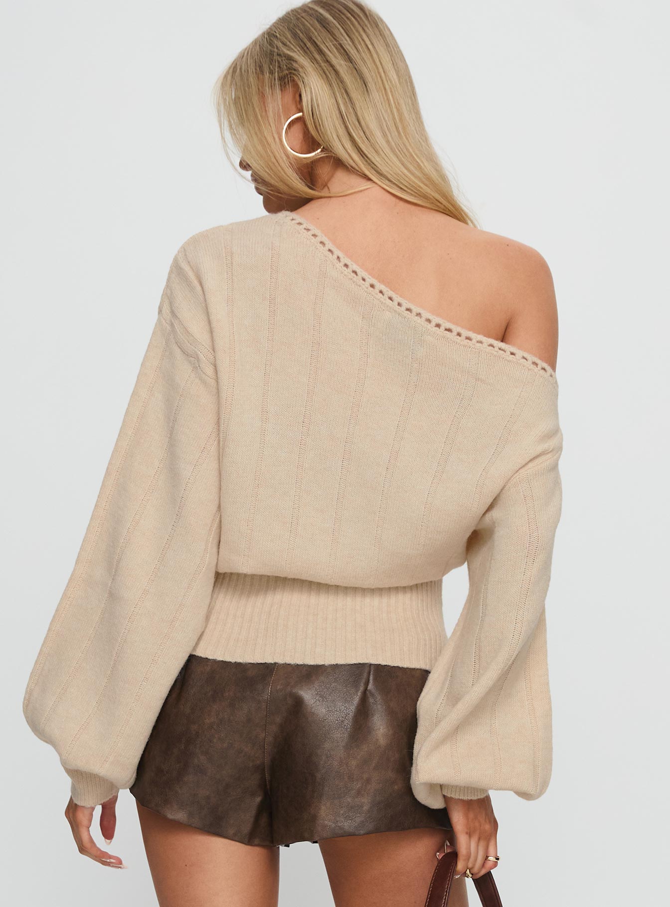 back view of model wearing Princess Polly Jackeline Off Shoulder Rib Jumper Cream 