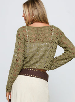 back view of model wearing Princess Polly Birdena Sweater Green Cropped Jumpers Jumpers 