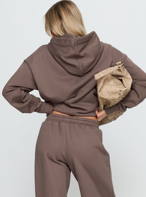 back view of model wearing Princess Polly All Day Oversized Hoodie Mocha Longline Jumpers 