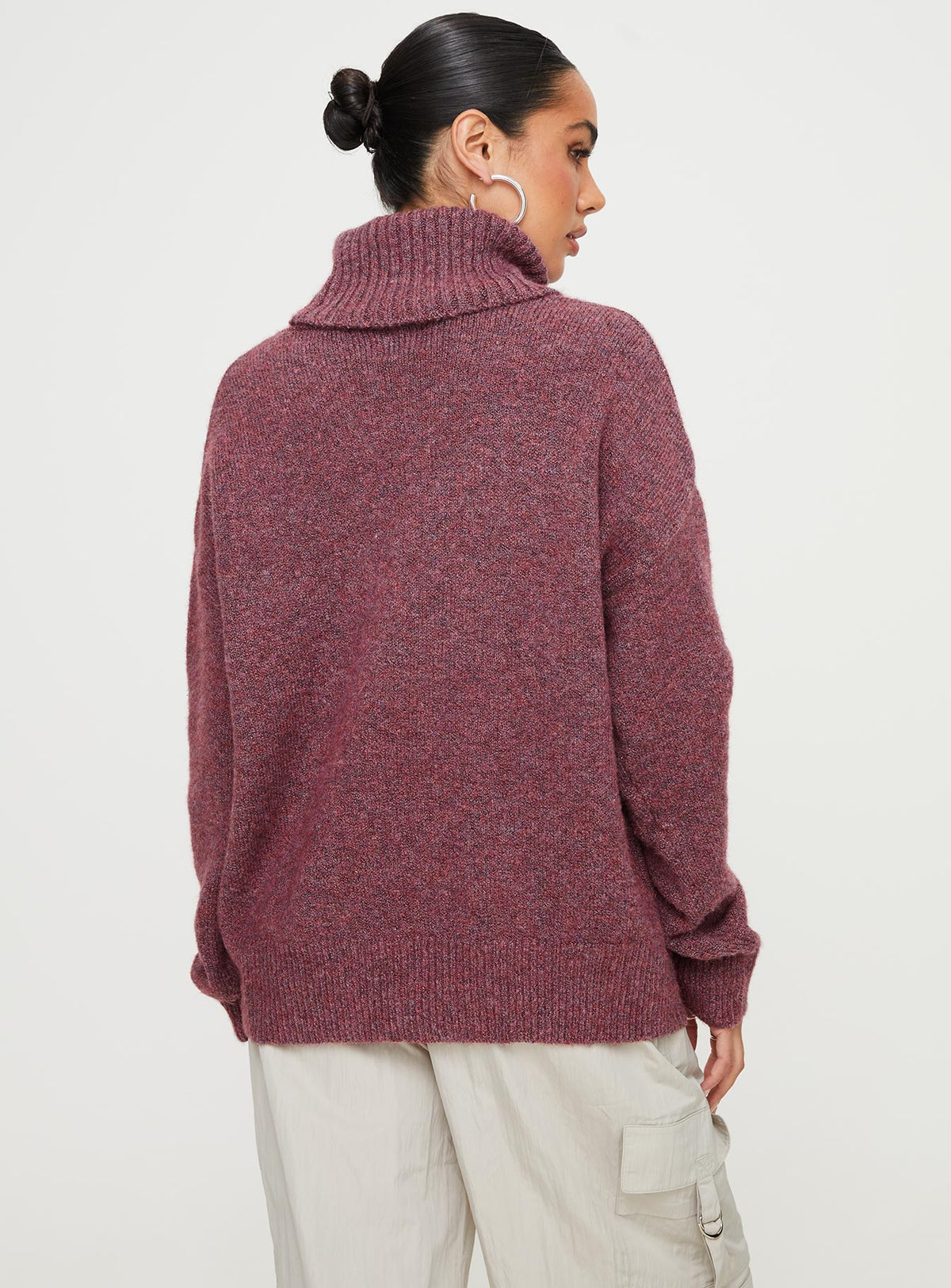 back view of model wearing Princess Polly Oswin Turtleneck Sweater Burgundy Jumpers 