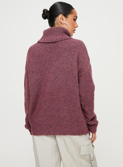 back view of model wearing Princess Polly Oswin Turtleneck Sweater Burgundy Jumpers 