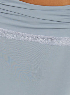 Highlighting the Zespri Jersey Maxi Skirt Slate with ruched details and lace hem Princess Polly