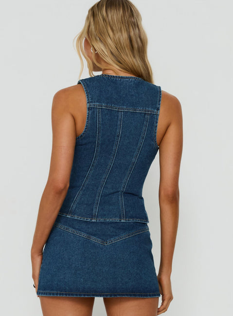 Capree Zip Up Top Mid Wash Denim