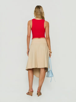 Presenting the Ellainah Asymmetrical Wrap Midi Skirt Concrete in tan womens-skirts with relaxed fit back view of model wearing Princess Polly