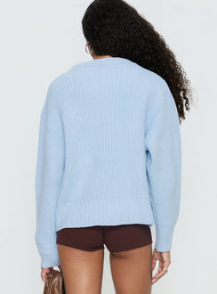 back view of model wearing Princess Polly Lexene Zip Through Jumper Baby Blue Longline Jumpers 