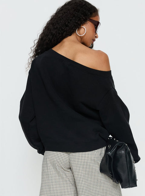 back view of model wearing Princess Polly Wellness Off the Shoulder Jumper Washed Black Longline Jumpers 
