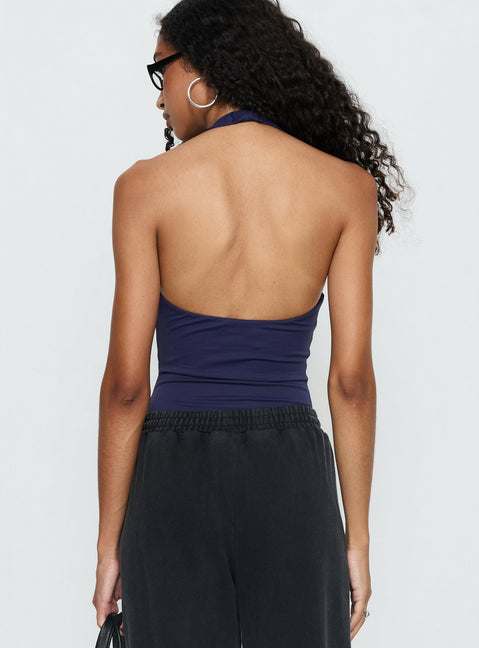 back view of model wearing Princess Polly Someone New Halter Bodysuit Navy Sleeveless Bodysuit 