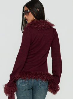 Crafted from the Brynlie Faux Fur Trim Boxy Cardigan Burgundy womens jumper in short length back view of model wearing Princess Polly