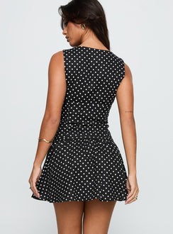 back view of model wearing Princess Polly Alissea Keyhole Linen Blend Mini Dress Black Polka Crew Neck 