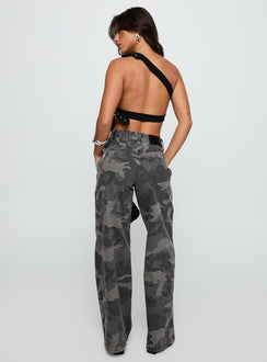 back view of model wearing Princess Polly Big Talk Mid Rise Straight Leg Jeans Grey Washed Camo Mid Rise Jeans Jeans 