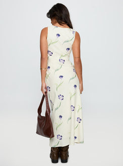 back view of model wearing Princess Polly Jessabelle Linen Blend Midi Dress Cream Floral Scoop Neck 