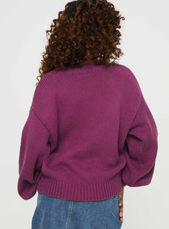 back view of model wearing Princess Polly Harmony Balloon Sleeve Knit Sweater Burgundy Jumpers 