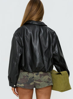 Panoramic Faux Leather Cropped Jacket Black