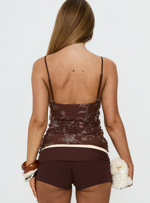 Leocadia Scoop Neck Bead Detail Top Chocolate