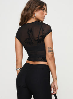back view of model wearing Princess Polly Eowyn Top Black Short Sleeves Crew Neck 