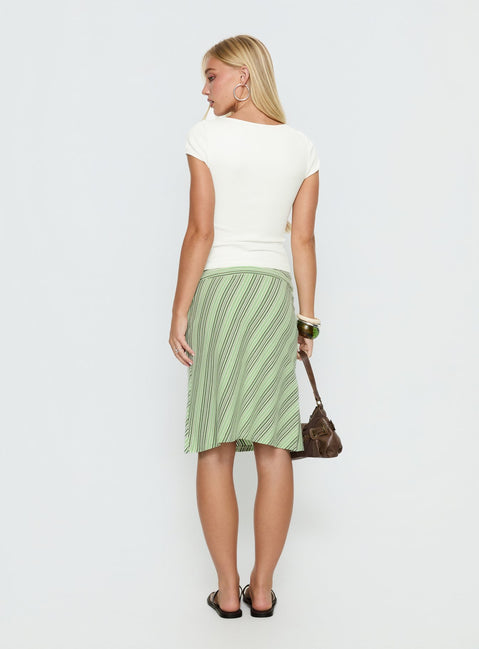 back view of model wearing Princess Polly Lemon Twist Midi Skirt Green Stripe Knee 