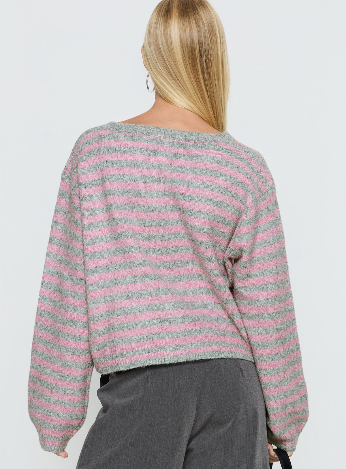 back view of model wearing Princess Polly Raynna Button Up Cardigan Pink / Grey Stripe Cropped Jumpers Jumpers 