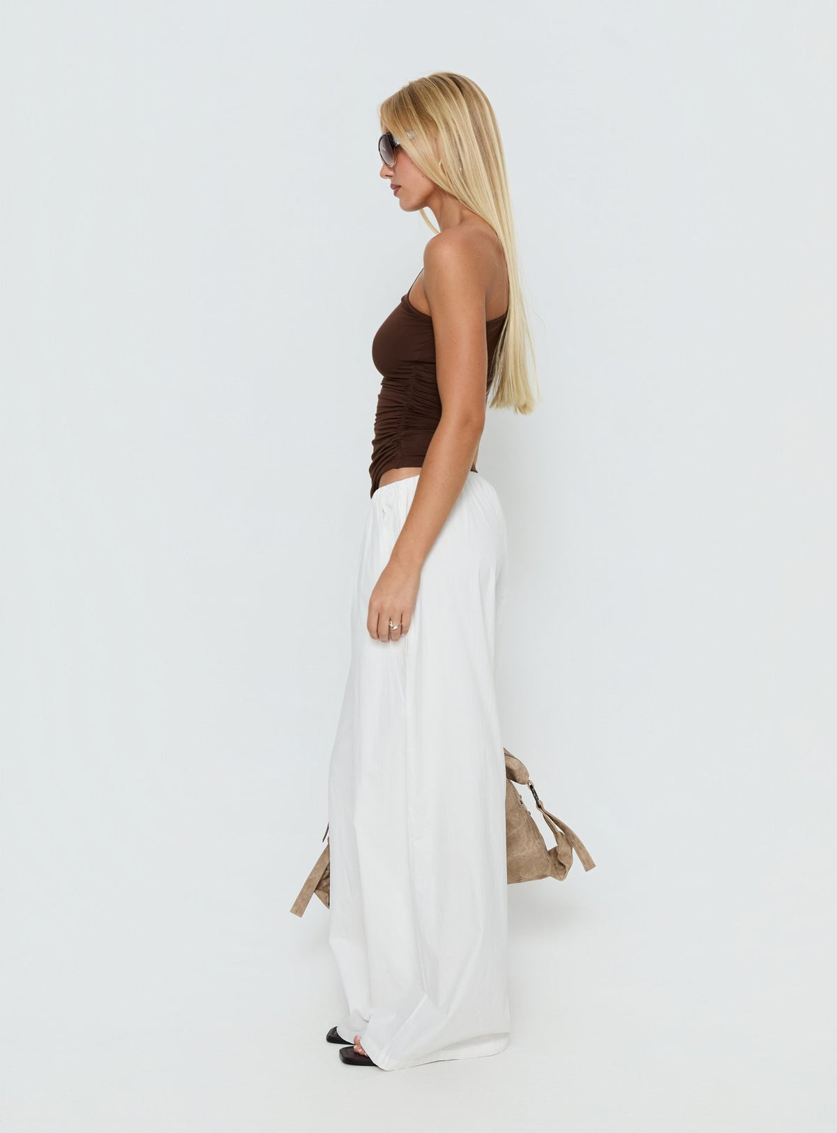Designed with Lunea Concealed Waistband Pants White Tall womens-regular-pants high-rise side view of model wearing