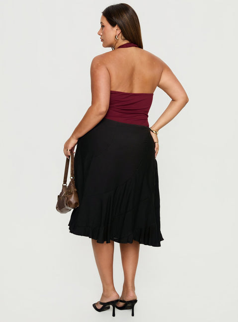 back view of model wearing Princess Polly With Kindness Midi Skirt Black Curve Midi Skirts 