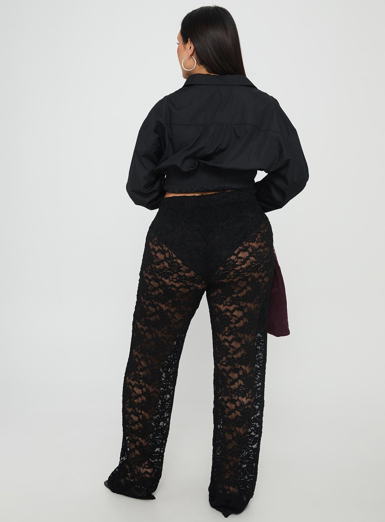 back view of model wearing Princess Polly Peru Lace Pants Black Curve High Waisted Pants 