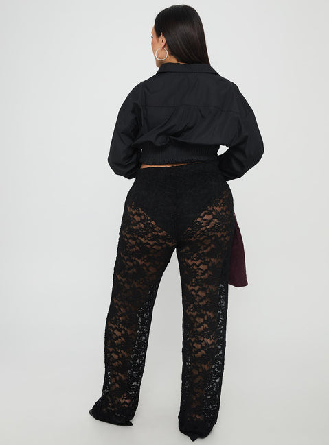 back view of model wearing Princess Polly Peru Lace Pants Black Curve High Waisted Pants 