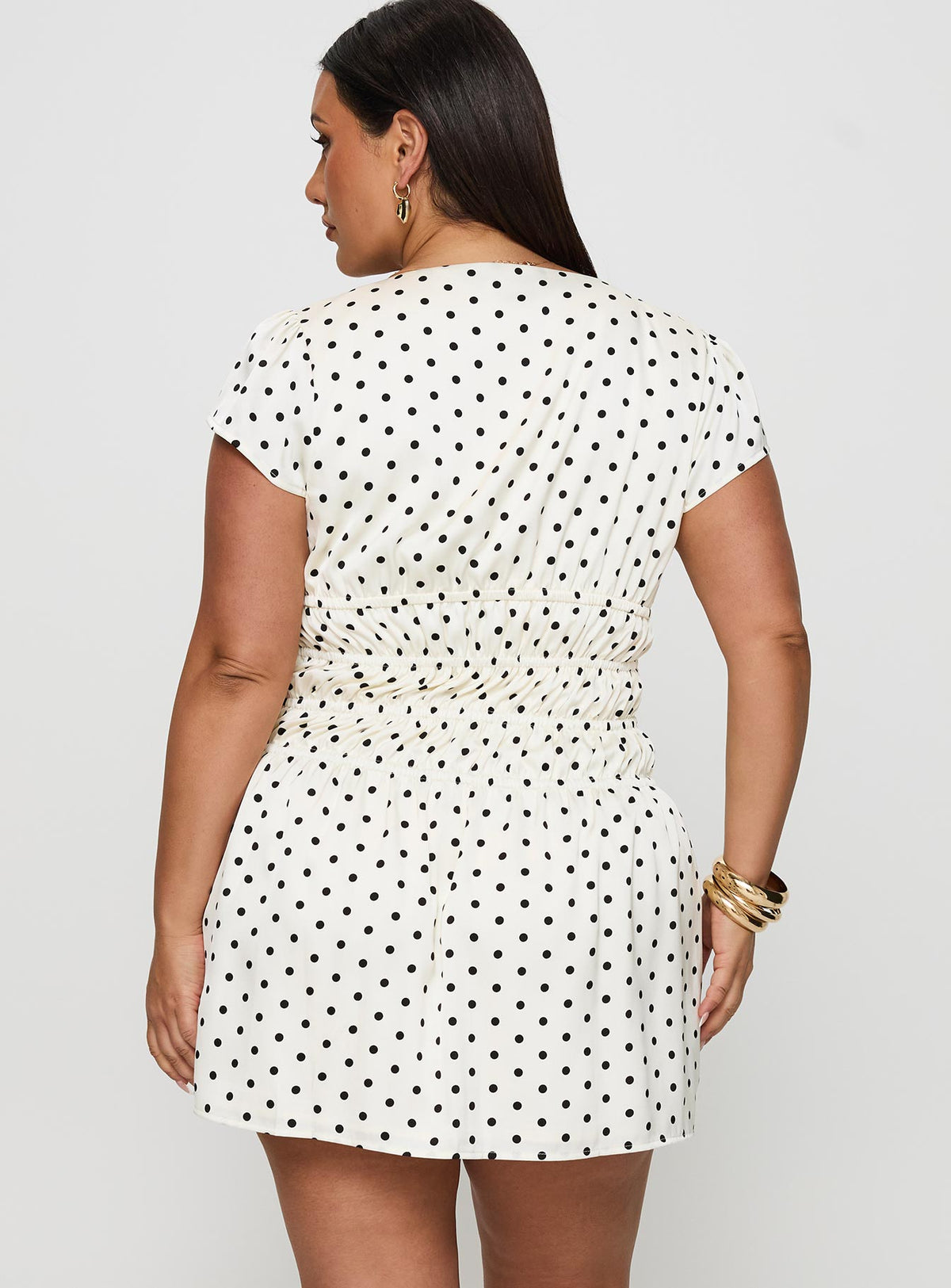 back view of model wearing Princess Polly Evangelie Ruched Mini Dress White Polka Curve Square Neck 