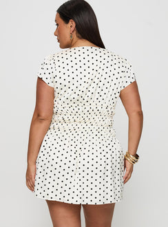 back view of model wearing Princess Polly Evangelie Ruched Mini Dress White Polka Curve Square Neck 