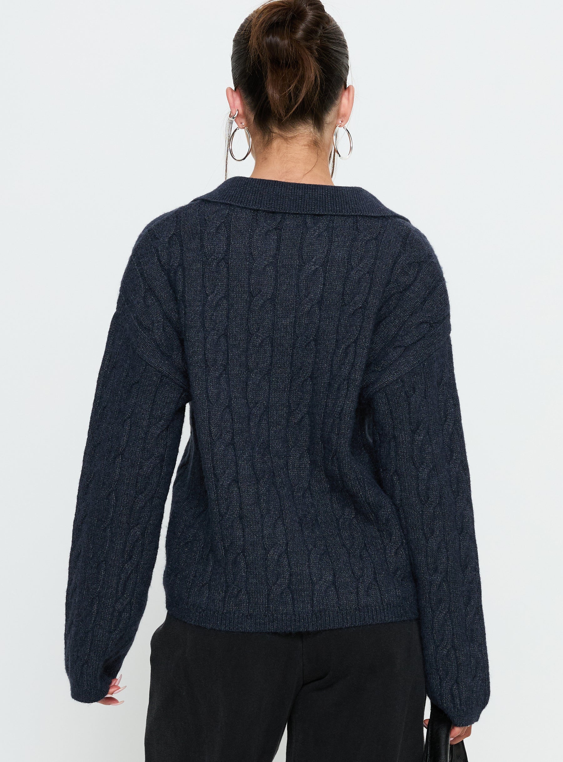 back view of model wearing Princess Polly Brodey Collared Cable Knit Sweater Navy 