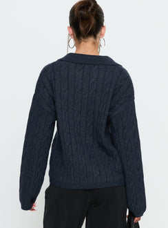 back view of model wearing Princess Polly Brodey Collared Cable Knit Sweater Navy 