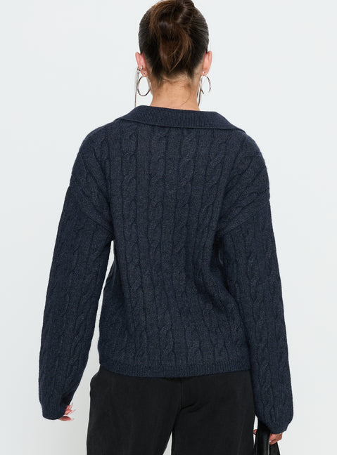 back view of model wearing Princess Polly Brodey Collared Cable Knit Sweater Navy 