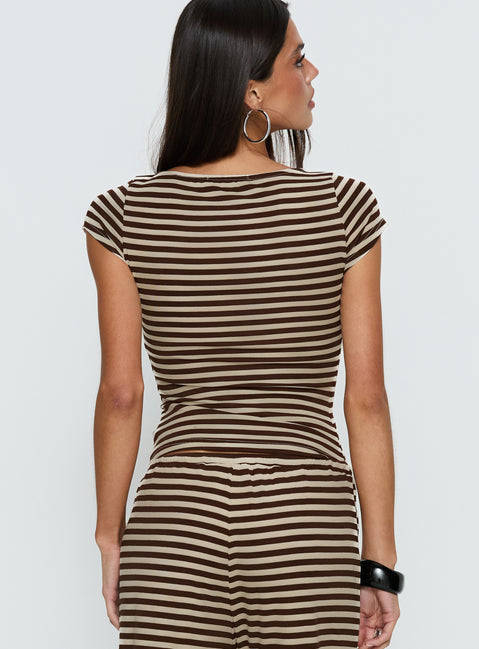 Angellina Jersey Button Down Top Chocolate / Cream Stripe