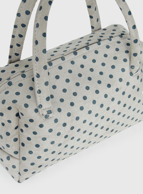 Luellah Faux Suede Boston Bag White / Grey Polka Dot