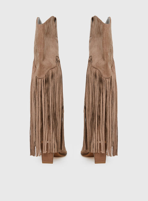 Like An Angel Faux Suede Tassel Knee High Boots Tan