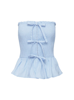 back view of model wearing Princess Polly Jaymie Strapless Bow Top Blue Sleeveless straight 
