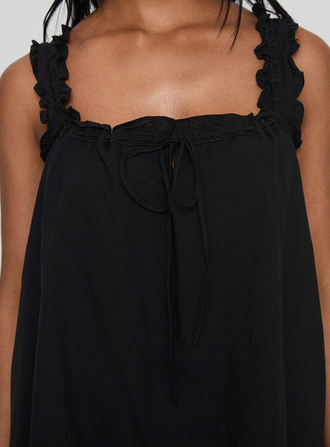 back view of model wearing Princess Polly Swing Mini Dress Black Square Neck 