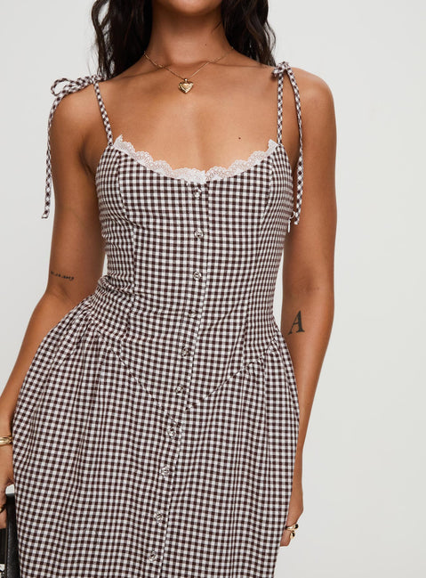 front view of model wearing Princess Polly Dalanie Tie Strap Maxi Dress Brown Gingham Scoop Neck 