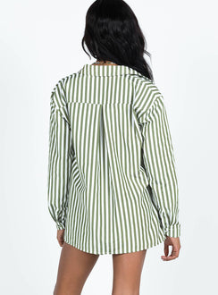 Matching set Striped print Classic collar Button front fastening Single-button cuff High waisted shorts  Drawstring waistband