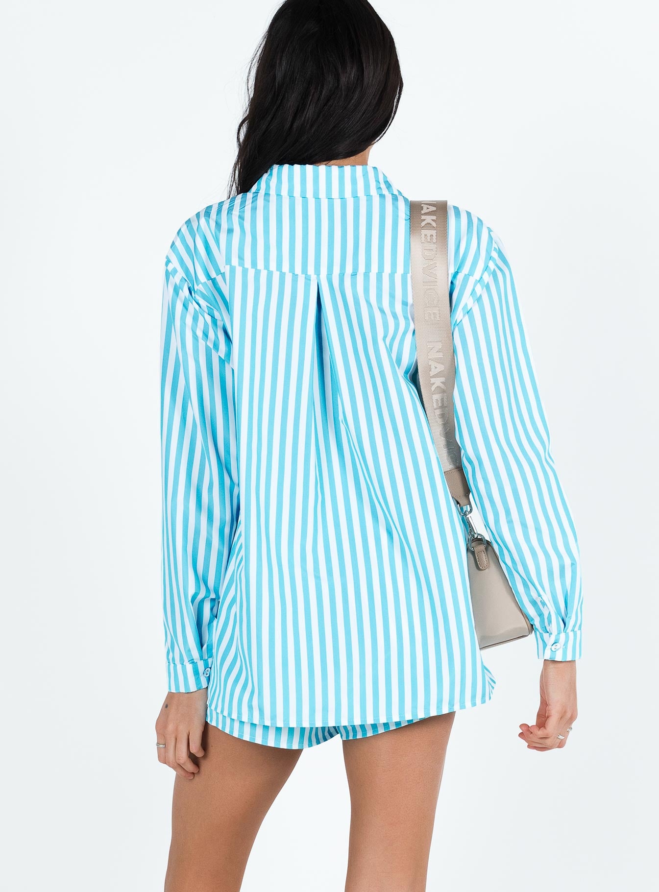 Matching set Striped print Classic collar Button front fastening Single-button cuff High waisted shorts  Drawstring waistband